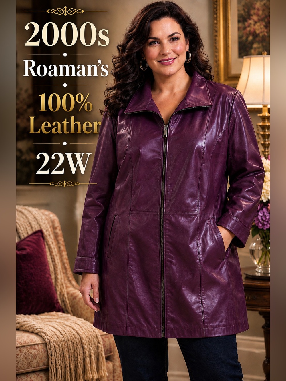 Vintage Roaman’s 22W Purple 100% Leather Jacket Coat Plus Size